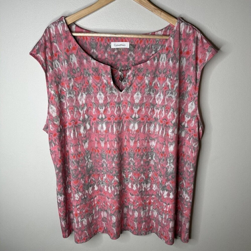 Calvin‎ Klein Blouse Shirt Women’s Pink Cap Sleeve Abstract Print Top 3X Stretch